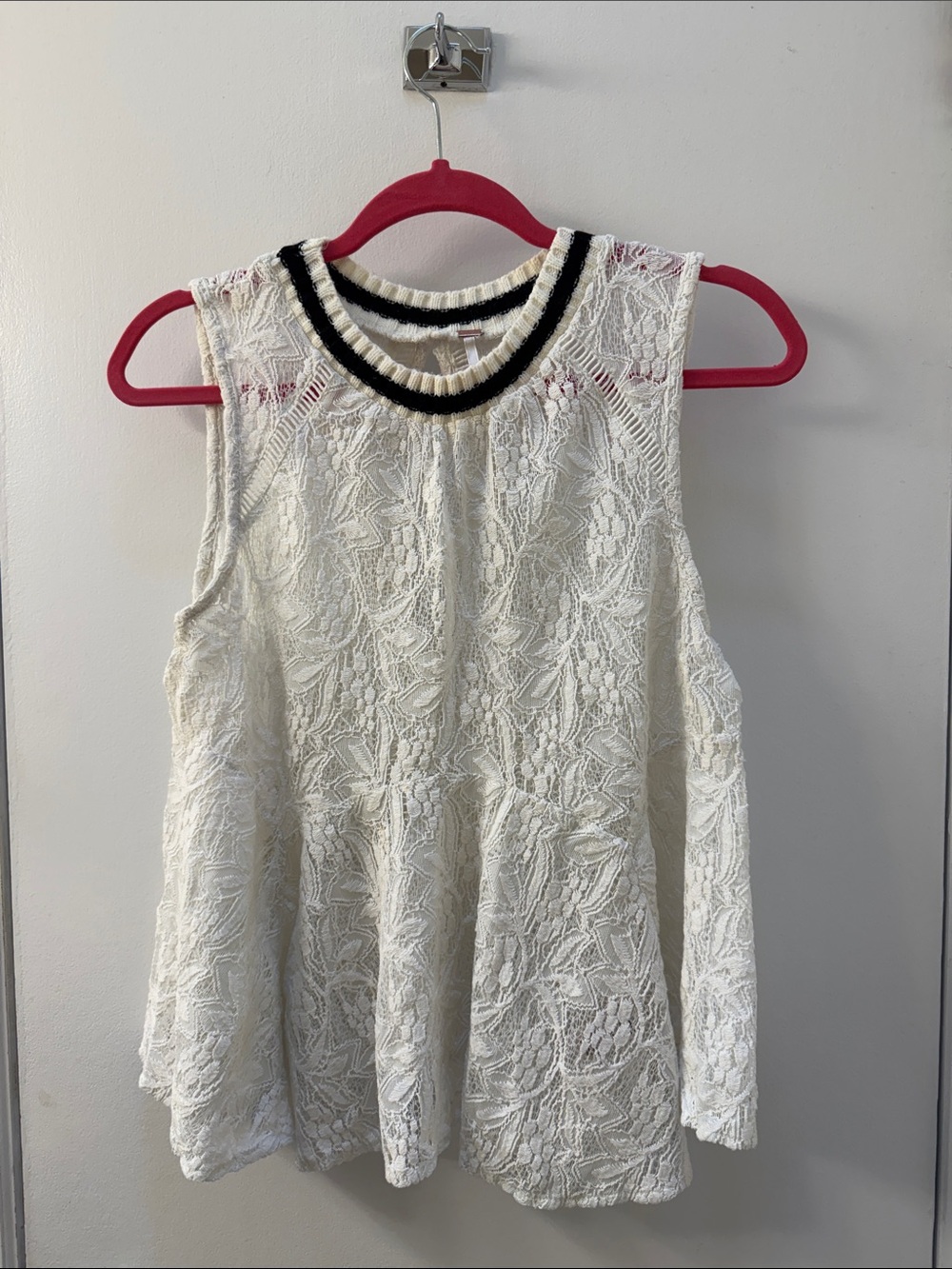 Free People Cream Lace Sleeveless Tank with Black Trim